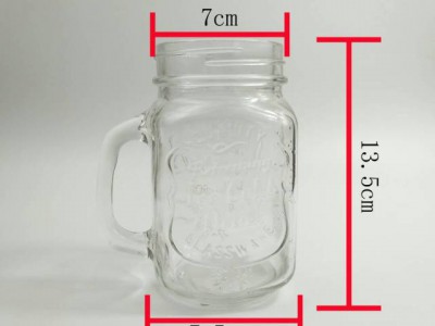 厂家直销350ml手把玻璃杯,果汁玻璃杯生产商玻璃梅森杯批发